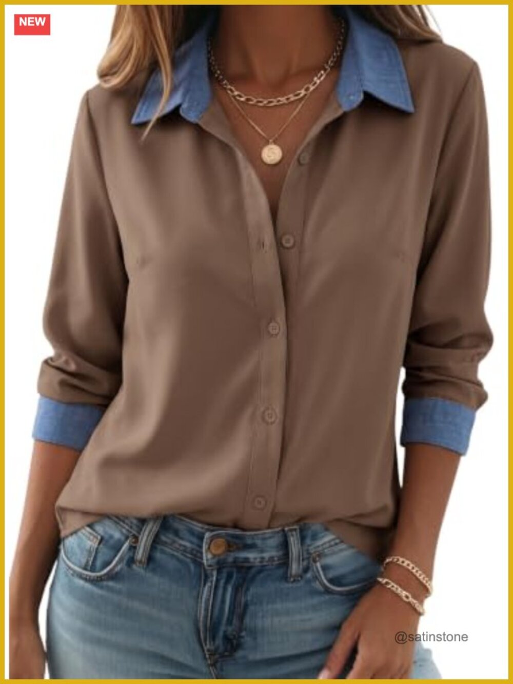 Dokotoo Women's Button Down Blouse Long Sleeve Denim Patchwork Top
